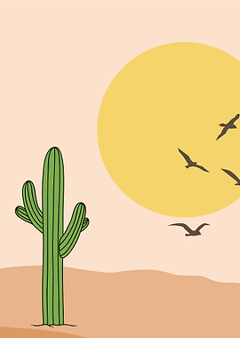 Desert Landscape with Cactus and Birds