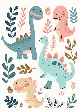 Cute Cartoon Dinosaurs and Foliage Pattern