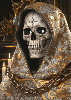 Ornate Skull in Golden Hood