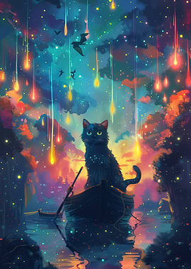 Cat in Boat with Shooting Stars