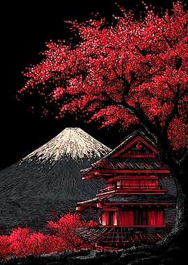 Japanese Landscape with Mount Fuji and Temple