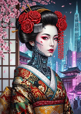 Cyberpunk Geisha with Cherry Blossoms