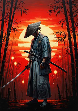 Samurai in Bamboo Forest at Sunset