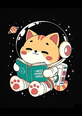 Astronaut Cat Reading Book in Space