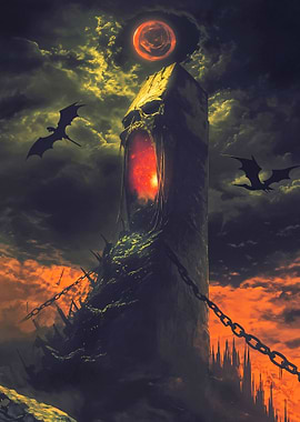 Skull Tower with Dragons and Red Moon