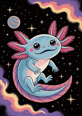 Axolotl in Space Cartoon Illustration