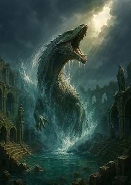Dragon emerging from water ruins