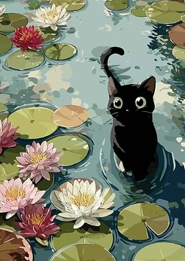 Black Cat in Lily Pond