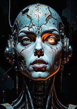 Ember-Eyed Cybernetic Sentinel: A Dystopian Gaze of Future's Past