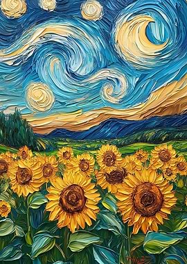 Sunflower Field Under Starry Night Painting