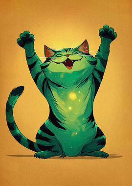 Happy Green Striped Cat Illustration
