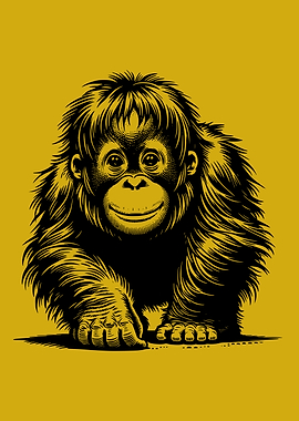 Cute Orangutan Illustration on Gold Background