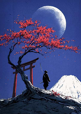 Samurai Cherry Blossoms Moon