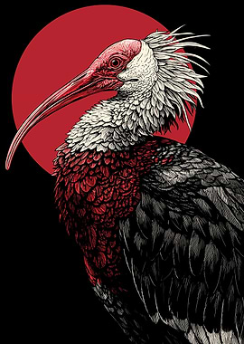 Crested Ibis Illustration with Red Sun