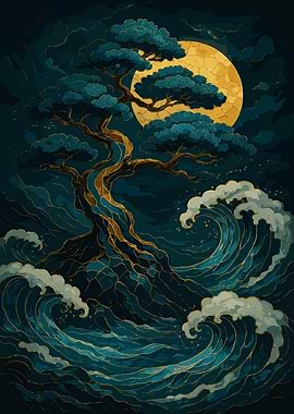 Bonsai Tree, Waves, and Moon