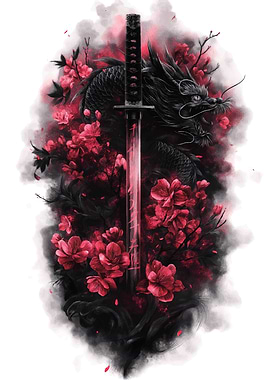 Dragon, Katana, and Cherry Blossoms Art