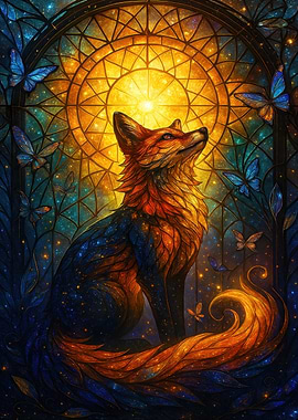 Fox and Butterflies Stained Glass Art