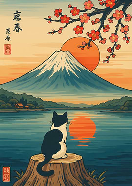 Cat gazing at Mount Fuji Ukiyo-e