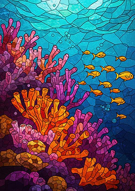 Stained Glass Coral Reef with Fish