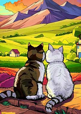 Cats Gazing Mountain Landscape
