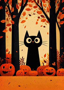 Halloween Cat and Pumpkins in Autumn
