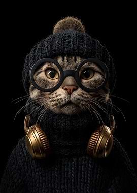 Cat with Glasses, Hat, and Headphones