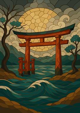 Japanese Torii Gate Stained Glass Style