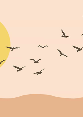 Birds Flying at Sunset Illustration