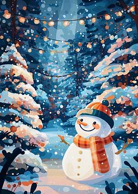 Snowman in Winter Forest with Lights