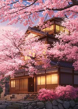 Japanese House with Cherry Blossoms