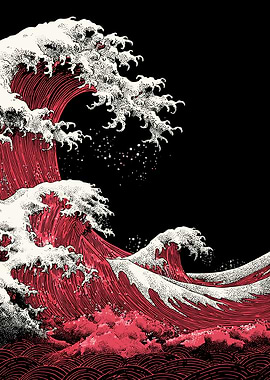 Red and White Ocean Wave Art