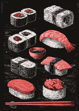 Sushi Assortment Illustration on Black Background