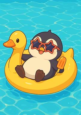 Cartoon Penguin on Duck Float