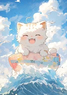 Happy Cat Surfing Wave