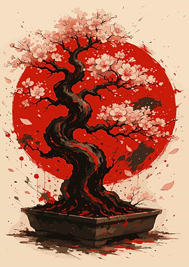Bonsai Tree with Red Sun