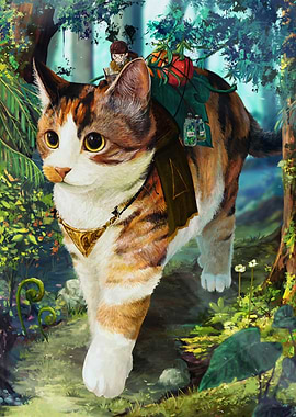 Calico Cat and Rider in Forest