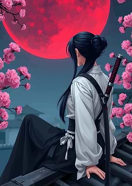Anime Girl with Katana and Moon