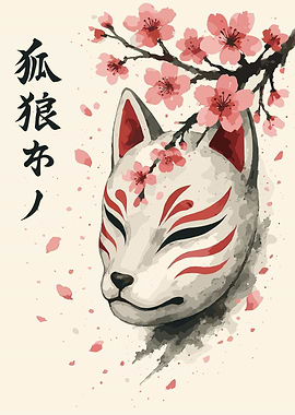 Fox Mask with Cherry Blossoms Art