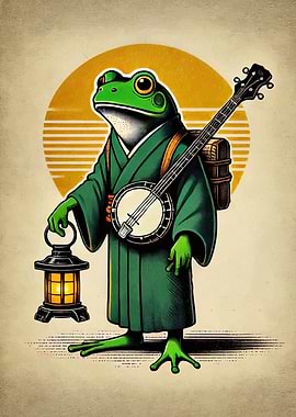 Frog in Kimono with Banjo and Lantern