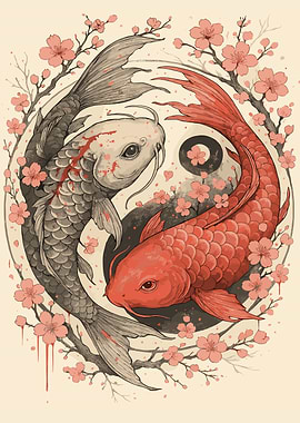 Yin Yang Koi Fish with Cherry Blossoms