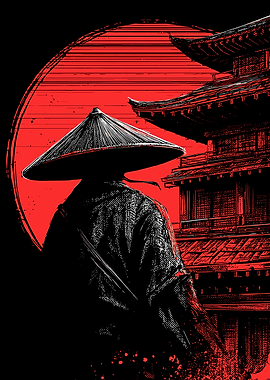 Samurai and Temple in Red and Black