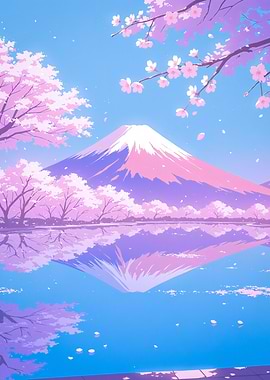 Anime Mount Fuji and Cherry Blossoms Japan