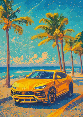 Yellow Lamborghini Urus on Beach