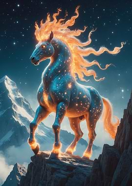 Celestial Flame Stallion — Fiery-Mane Fantasy Horse Illustration