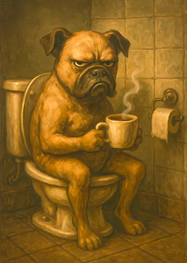 Grumpy Dog on Toilet with Coffee