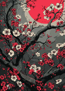 Cherry Blossoms and Red Sun Art