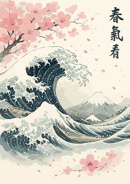 Japanese Wave and Cherry Blossom Art