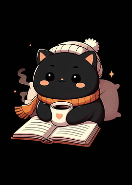 Cute Cat Reading with Coffee
