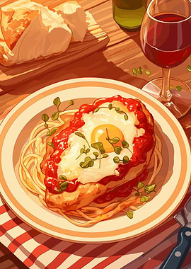 Chicken Parmigiana with Spaghetti and Wine