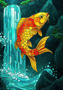 Koi Fish Waterfall Stained Glass Art